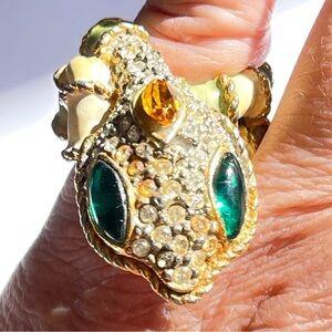 Vintage Kenneth Jay Lange Rhinestone 3D Snake Ring #349 Green Gold